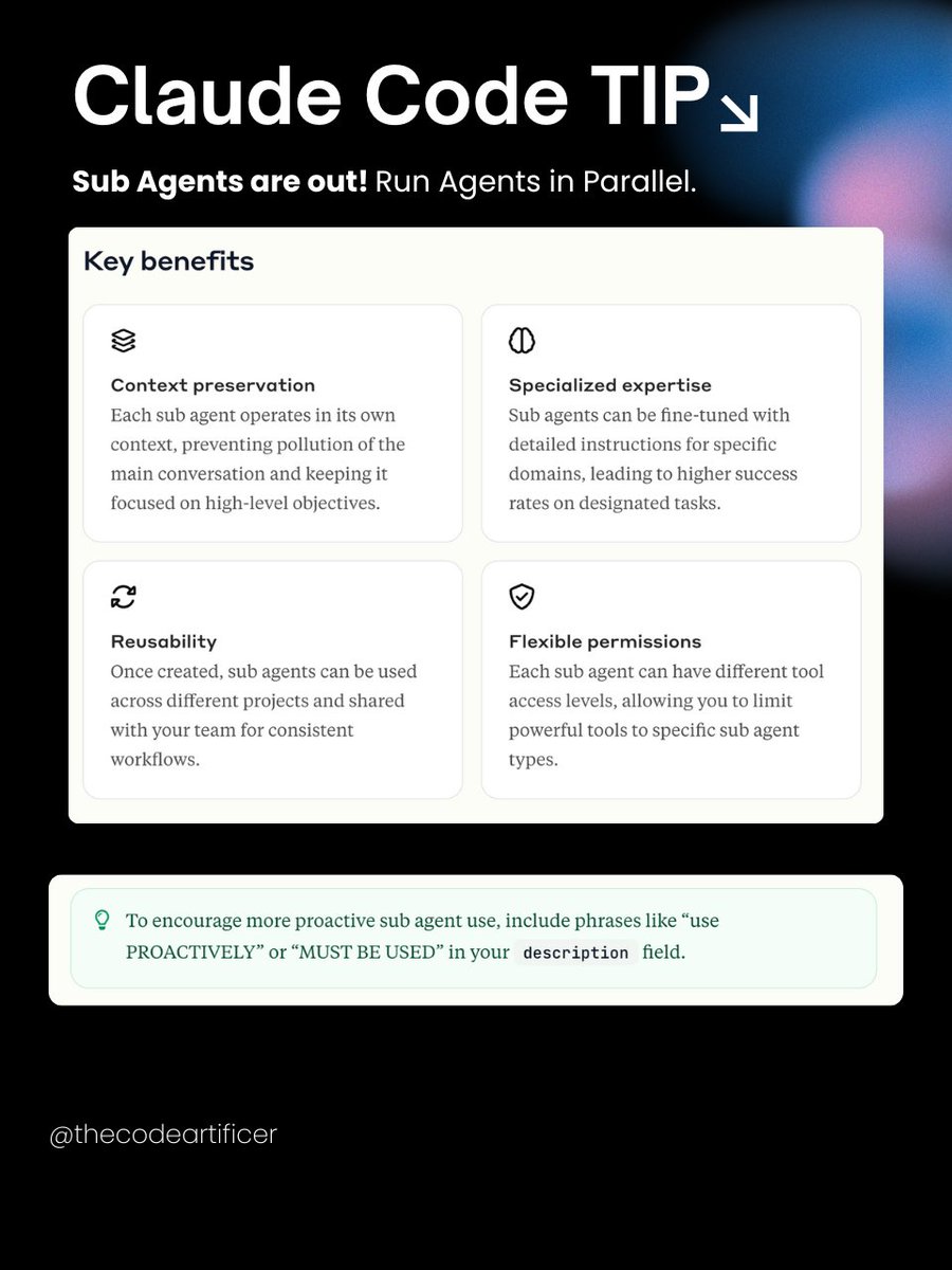 codeartificer_X's tweet image. Claude Code now has sub-agents. Certain keywords trigger parallel activation more regularly.
To activate it, use "use your sub agents" to make sure to always trigger them.
Inside of agent description you can use certain words like "MUST BE USED" or "USE PROACTIVELY"