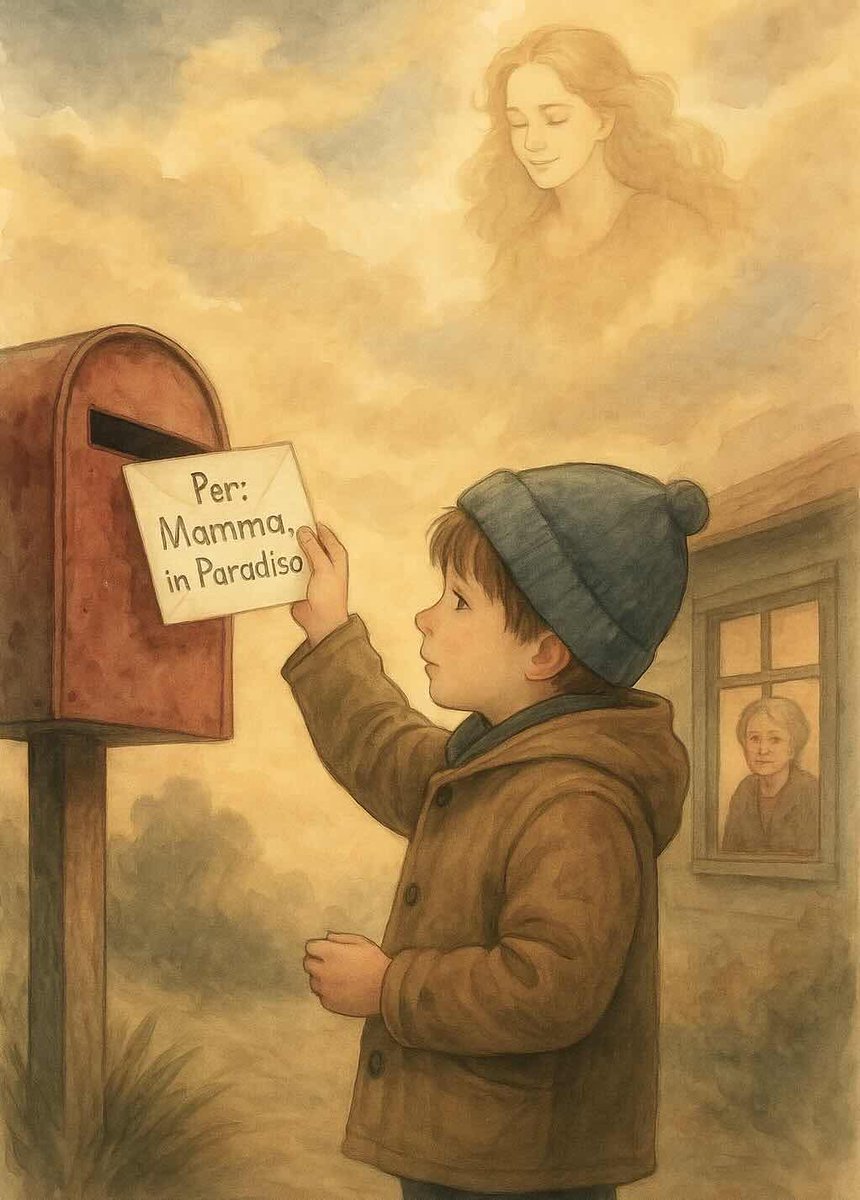 CLAUDIODD5's tweet image. «Scriveva lettere alla sua mamma… finché un giorno ricevette una risposta.»
Mi chiamo Emilia e lavoro all’ufficio postale di un piccolo paese.
Ogni mese arrivava un bambino, avrà avuto sette anni.
Sempre da solo. In mano, una busta sgualcita con la stessa destinazione:
«Per la…