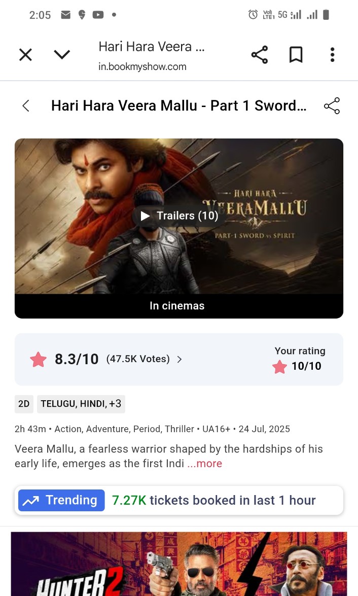 SingleMan122's tweet image. 7.24K+ tickets booked 💥💥

#HariHaraVeeraMallu