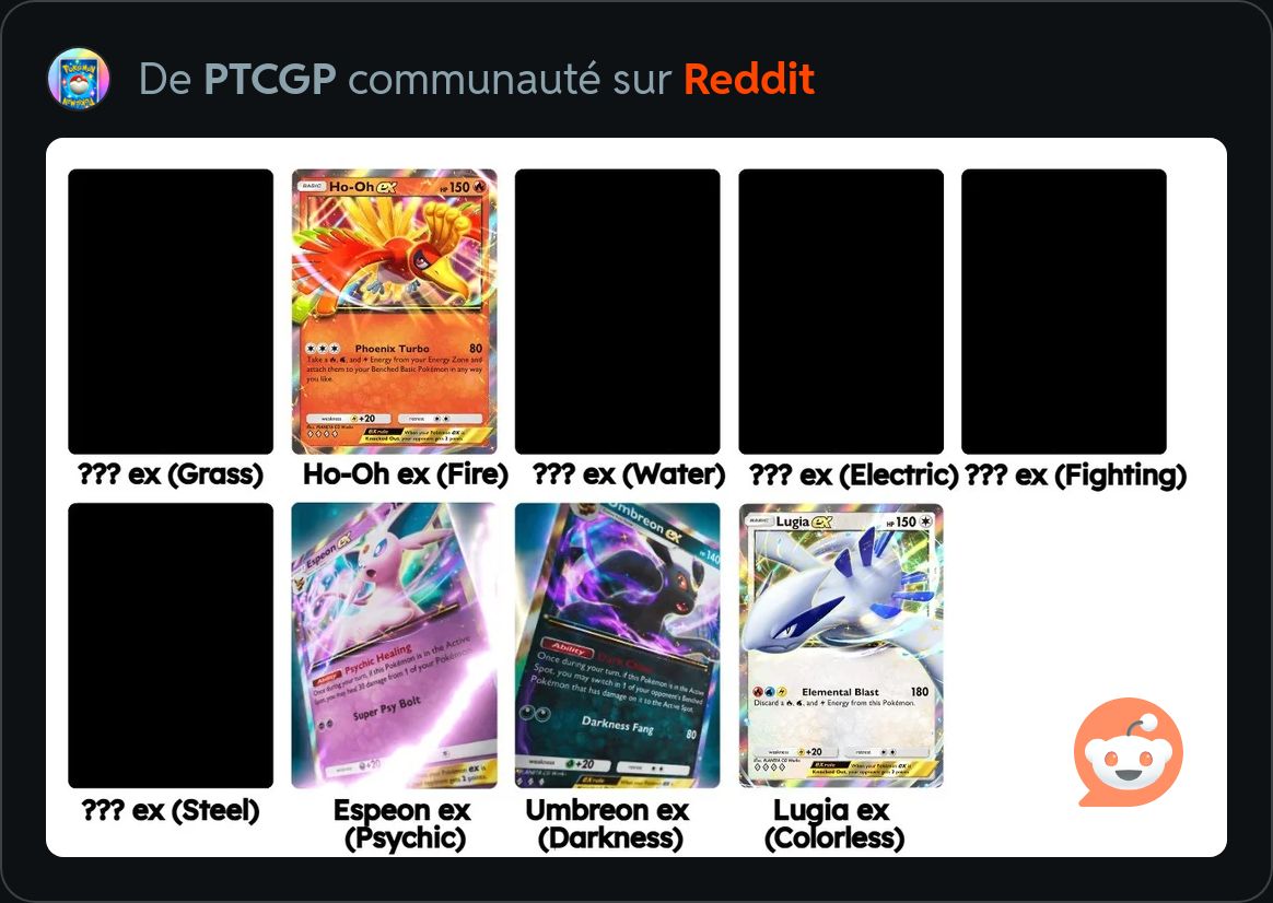 YonixLXR's tweet image. Y aura 10 cartes Ex et non 9

Mais qui aimeriez vous voir en carte Ex dans 3 jours ?

#PokemonTCGPocket