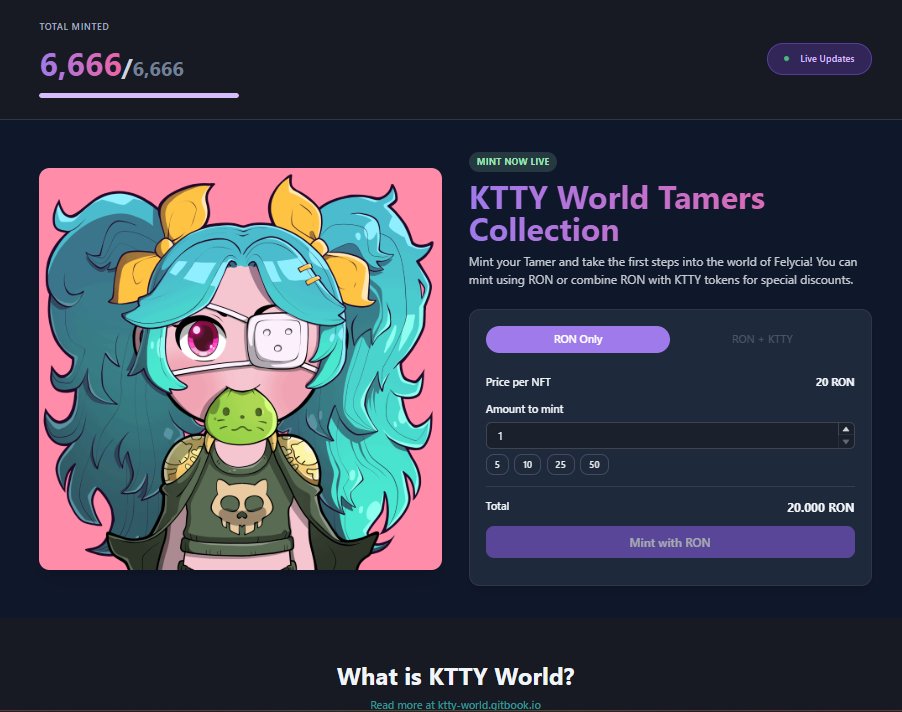 FGCP17's tweet image. Mint is now complete. Congratulations to all who took the leap early.
This is just the beginning, KTTY World is set to make waves across Ronin.
Follow @Kttyworld for official updates, upcoming missions, and ecosystem growth.
@Kttyworld @Ronin_Network