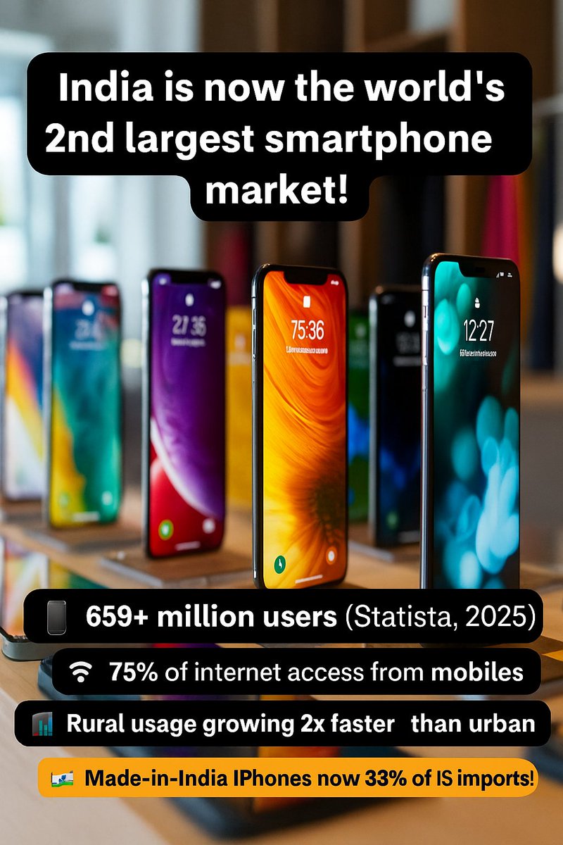 🚨 India is now the world’s 2nd largest smartphone market!

With usage booming across Bharat, here’s the 2025 snapshot:

- 65+ crore smartphone users.
- 75% of internet access comes via mobile.
- Rural smartphone growth is 2x faster than urban areas.
- Demand driven by: UPI