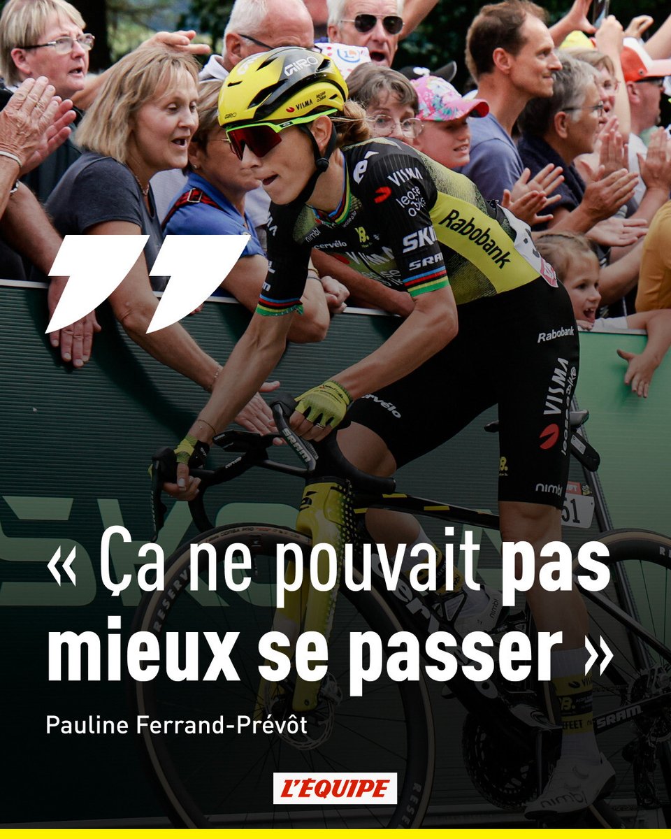 lequipe's tweet image. La Française de Visma-Lease a bike Pauline Ferrand-Prévôt a terminé 3e de la première étape, après avoir creusé un petit écart dans la côte finale, qui a servi à la victoire de sa coéquipière Marianne Vos. l.lequipe.fr/Of1 #TDFF2025