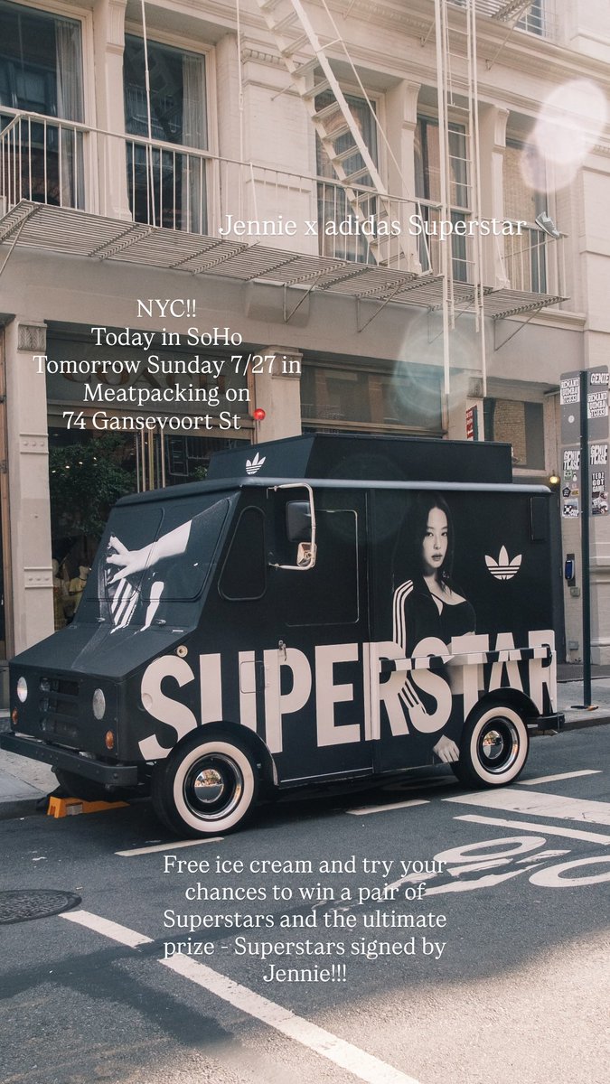 tjruby_'s tweet image. Adidas น่ารักมากมีอีเว้นท์แจกไอศกรีม Jennie x adidas Superstar วันนี้ที่ soho พรุ่งนี้ที่ meatpacking ในนิวยอร์ก แจกไอศกรีมฟรี ทั้งได้ลุ้นรับไอเท็ม superstar ลายเซ็นต์เจนนี่ แล้วอีเว้นท์จัดตรงกับเจนนี่เล่นคอนเสิร์ตที่นิวยอร์กพอดีด้วย แฟนๆที่นิวยอร์กอย่าลืมไปตามหารถคันนี้กันน้าาา