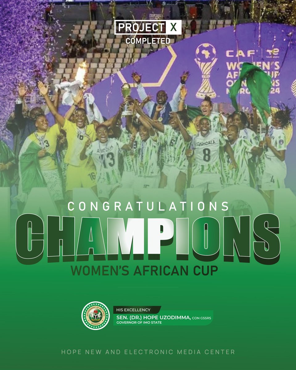Hope Uzodimma (@hope_uzodimma1) on Twitter photo On behalf of the Government and good people of Imo State, I extend our heartfelt congratulations to the Super Falcons of Nigeria <a href="/NGSuper_Falcons/">NGSuper_Falcons</a> on their glorious victory at the #TotalEnergiesWAFCON2024, emerging as the undisputed Champions of Africa.
A special commendation On behalf of the Government and good people of Imo State, I extend our heartfelt congratulations to the Super Falcons of Nigeria <a href="/NGSuper_Falcons/">NGSuper_Falcons</a> on their glorious victory at the #TotalEnergiesWAFCON2024, emerging as the undisputed Champions of Africa.
A special commendation