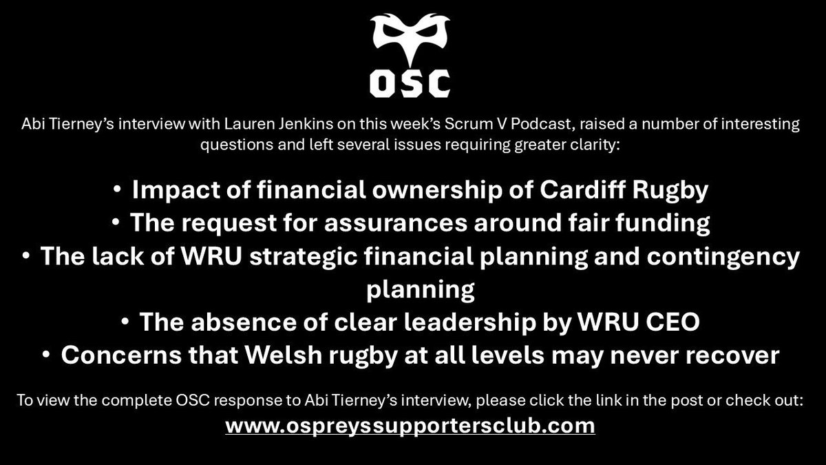 🚨‼️ Missed Abi Tierney’s interview on the Scrum V Podcast? Well, we didn’t and there are a number of points we’d like greater clarity on. Check out: ospreyssupportersclub.co.uk/bbc-scrumv-pod… for our full analysis of the interview.