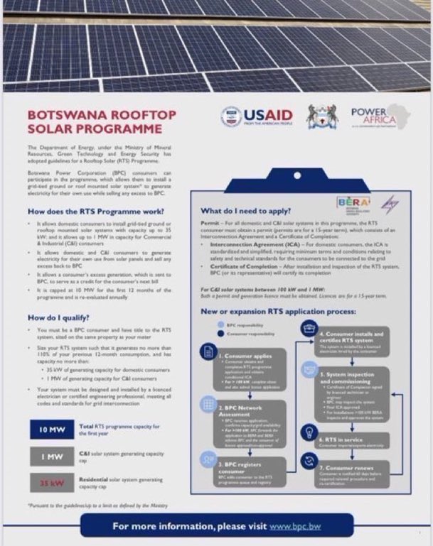 ASEBotswana's tweet image. #SunDay DYK YOU TO can take advantage of the new @BPCBw solar program 2025 &amp;amp; reduce your energy costs.
To qualify :
✅Use an approved system designed &amp;amp;  installed by an ERB registered solar engineering team 
✅ Have a pre or post paid BPC meter
✅ No outstanding account with BPC