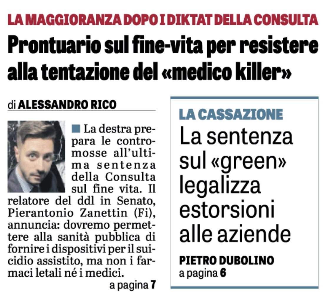 Alessandro Rico 🇮🇹 (@ricoalessandro) on Twitter photo Legge sul fine vita: oggi su <a href="/LaVeritaWeb/">La Verità</a> cosa farà il centrodestra dopo la sentenza della Consulta. Legge sul fine vita: oggi su <a href="/LaVeritaWeb/">La Verità</a> cosa farà il centrodestra dopo la sentenza della Consulta.