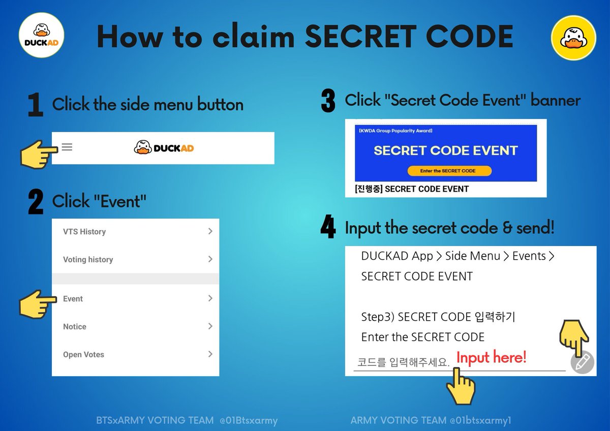 01Btsxarmy1's tweet image. [📢] DUCKAD SECRET CODE EVENT

The first 2,000 users to enter the code will receive 2,000 vts! Claim it now! 🏃‍♀️💨

SECRET CODE: #KWDA_Current_Top10