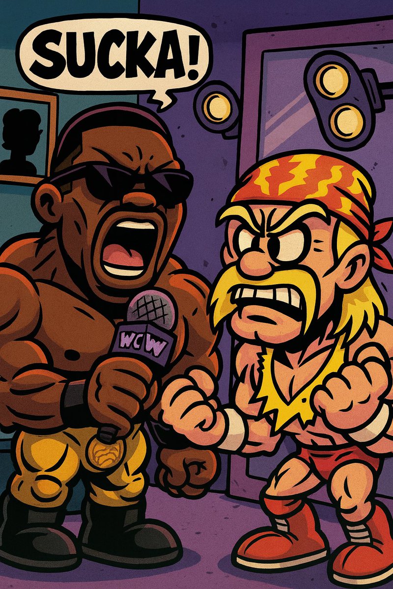 Fifletta's tweet image. Booker T yelling, Hulk Hogan flexin’, and the Grim Reaper reffing like it’s Wrestlemania in the underworld 😭💀
⚰️
#GHOSTWRLD #WrestlingPhantoms #BookerT #HulkHogan #GrimReaperRef #SUCKAAA #FinalBellRings #VinylSmackdown #CartoonCarnage #GhostwrldSatire