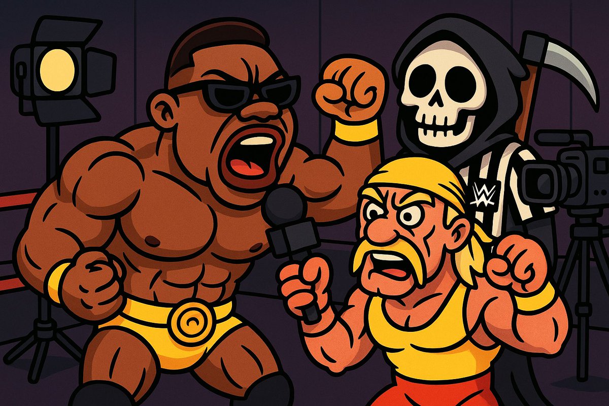 Fifletta's tweet image. Booker T yelling, Hulk Hogan flexin’, and the Grim Reaper reffing like it’s Wrestlemania in the underworld 😭💀
⚰️
#GHOSTWRLD #WrestlingPhantoms #BookerT #HulkHogan #GrimReaperRef #SUCKAAA #FinalBellRings #VinylSmackdown #CartoonCarnage #GhostwrldSatire