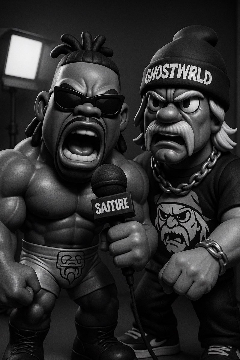 Fifletta's tweet image. Booker T yelling, Hulk Hogan flexin’, and the Grim Reaper reffing like it’s Wrestlemania in the underworld 😭💀
⚰️
#GHOSTWRLD #WrestlingPhantoms #BookerT #HulkHogan #GrimReaperRef #SUCKAAA #FinalBellRings #VinylSmackdown #CartoonCarnage #GhostwrldSatire