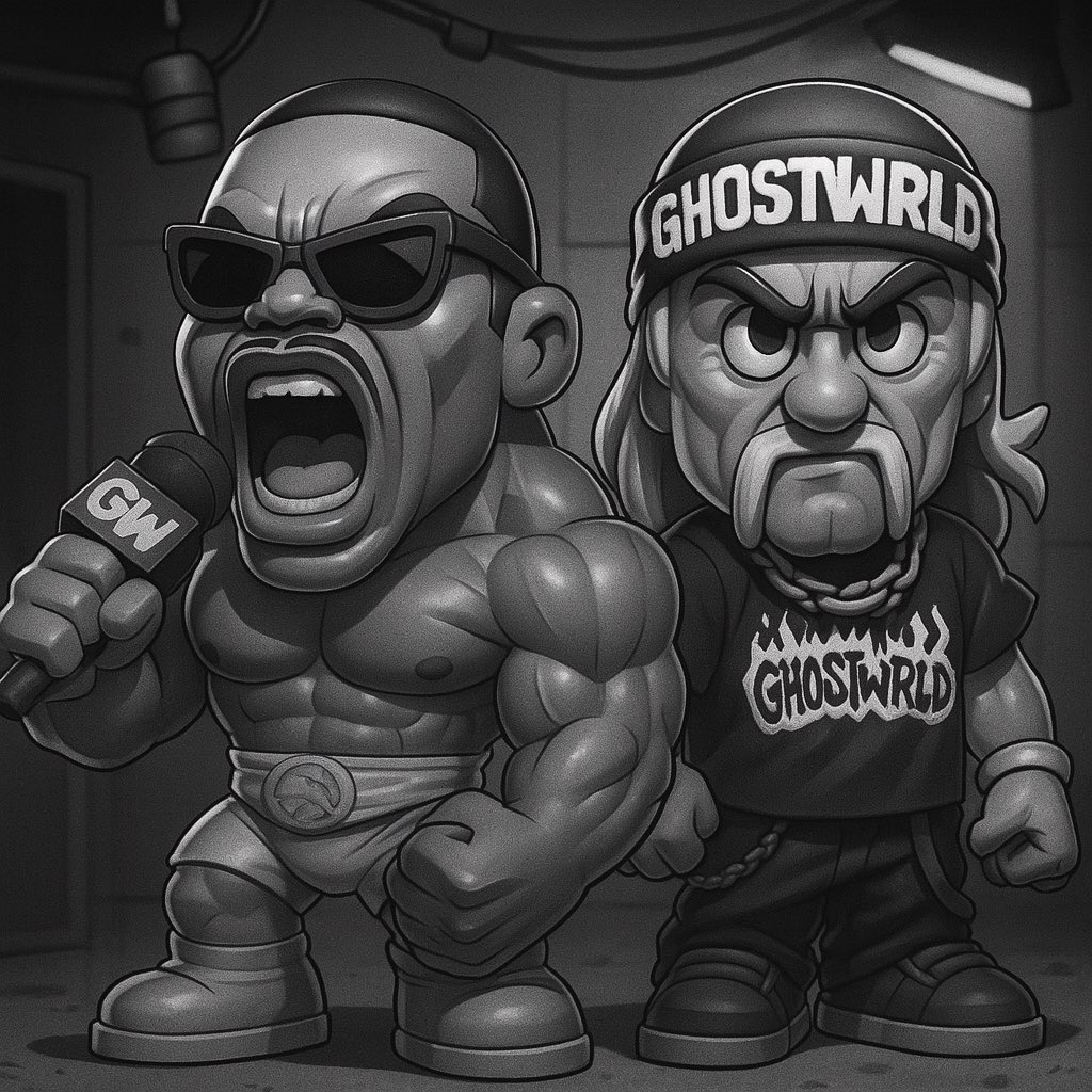 Fifletta's tweet image. Booker T yelling, Hulk Hogan flexin’, and the Grim Reaper reffing like it’s Wrestlemania in the underworld 😭💀
⚰️
#GHOSTWRLD #WrestlingPhantoms #BookerT #HulkHogan #GrimReaperRef #SUCKAAA #FinalBellRings #VinylSmackdown #CartoonCarnage #GhostwrldSatire