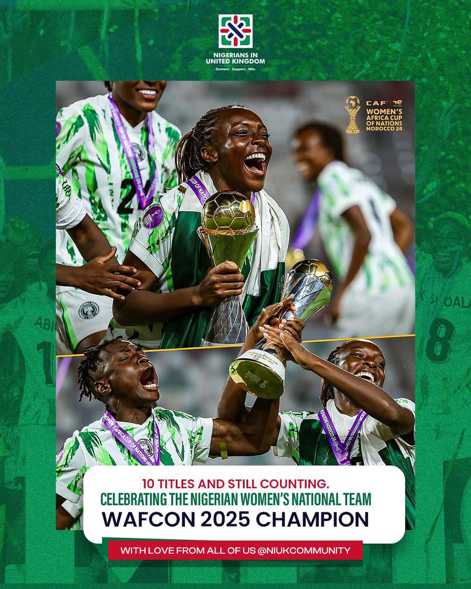 NIUKCommunity's tweet image. 🇳🇬👑 WAFCON 2025 CHAMPIONS!
10 titles and still counting! The Super Falcons have done it again.
QUEENS of African football! 🏆💚
We’re proud beyond words.
With love from all of us @NIUKCommunity
#SuperFalcons #WAFCON2025 #TeamNigeria #NIUK
