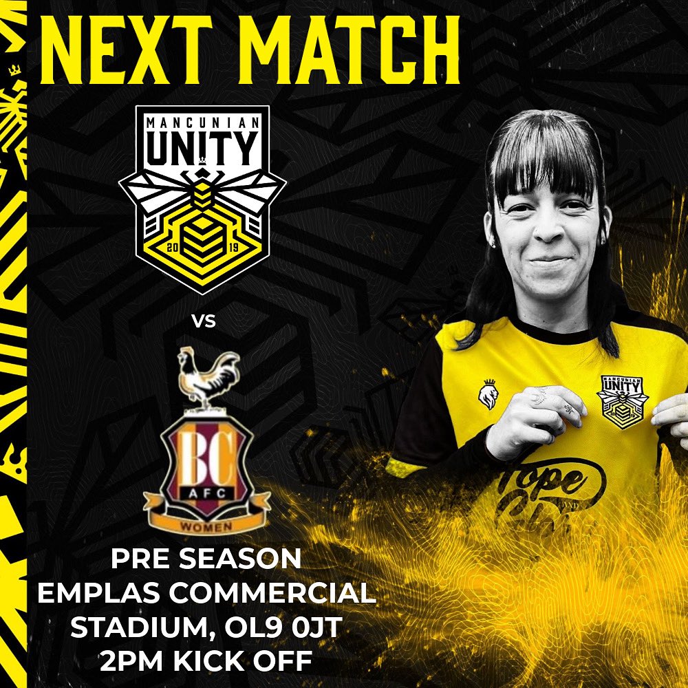MancunianUnity's tweet image. ⚽️We continue Pre Season this afternoon as we face Bradford City.
📍Emplas Commercial North Stadium, OL9 0JT.
⏰ 2pm KO.
💰FREE ENTRY - SEASON TICKETS ON SALE
💛The Euros Final will be shown in the bar after our game. We hope to see you there for a proper day of football!