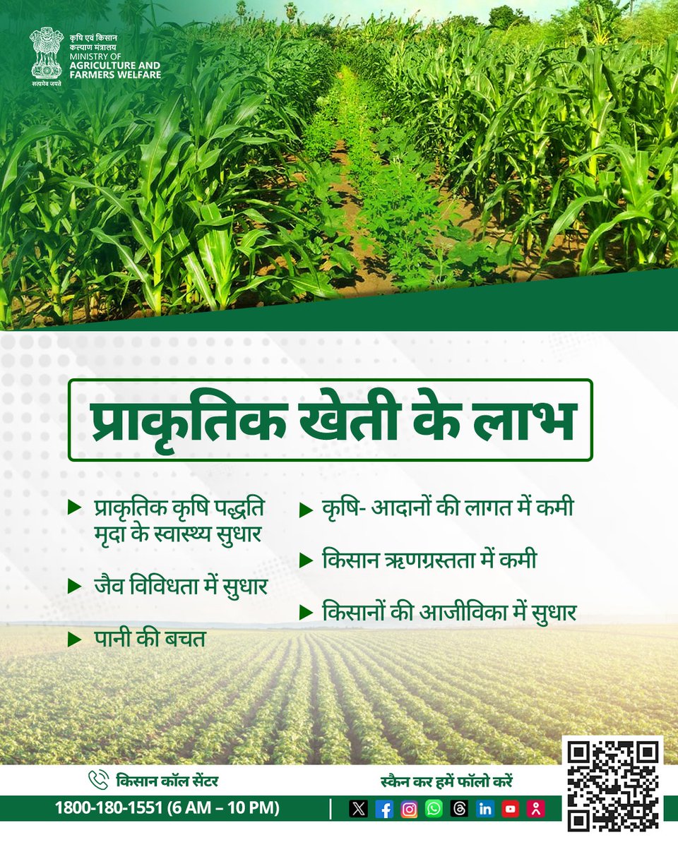 AgriGoI's tweet image. प्राकृतिक खेती-समृद्धि का सही रास्ता!
स्वस्थ मिट्टी, जल संरक्षण और कम लागत के साथ किसानों की आजीविका में सुधार।
प्रकृति के साथ सामंजस्य बनाकर खेती को बनाएं सतत और सशक्त।
#AgriGoI #Agriculture #NaturalFarming #SustainableAgriculture