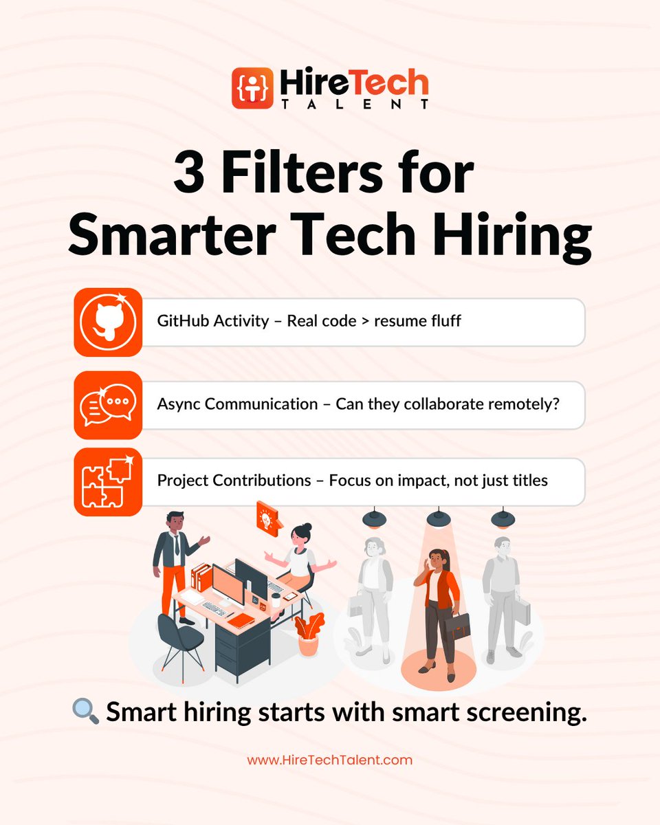 hiretechtalents's tweet image. Three filters to improve your hiring accuracy:
✔ Review candidates’ GitHub activity
✔ Assess async communication skills
✔ Focus on actual project contributions, not just job titles

Smart hiring requires smart screening. 

#TechHiring #SmartFilter #HireTechTalent