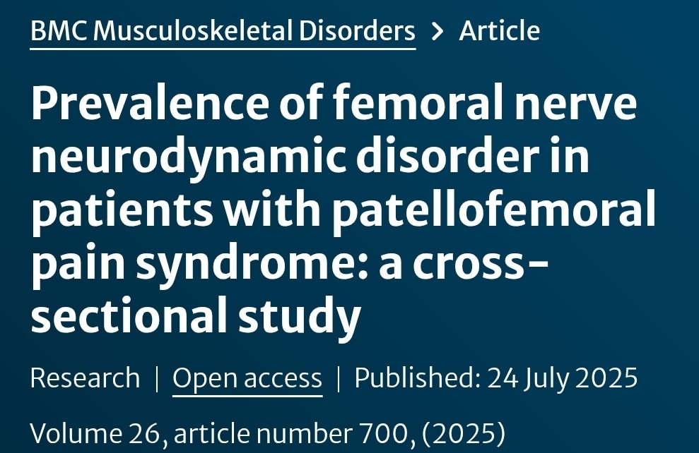 Más de 1/4 de pacientes con síndrome de dolor femoropatelar 🦵🏻 mostraron mayor mecanosensibilidad del nervio femoral, indicando trastornos neurodinámicos.
Recomendable incluir valoración neurodinámica para un manejo eficaz.
link.springer.com/article/10.118…
 <a href="/neurodinamicaVL/">Neurodinámica en la Práctica Clínica</a>