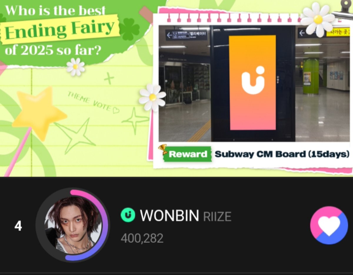 WONBIN_VOTINGTM's tweet image. π UPICK - BEST ENDING FAIRY 2025 π³οΈ
Keep collect Jams everyday and vote for wonbin. Don't give up π
ποΈ Deadline: 7/25 - 8/5 (D-9)
π― Goals: #1
π Current rank: #4πΊ
πs.u-pick.io/dl/tNpinZjmYwEβ¦
#WONBIN #μλΉ #RIIZE @RIIZE_official