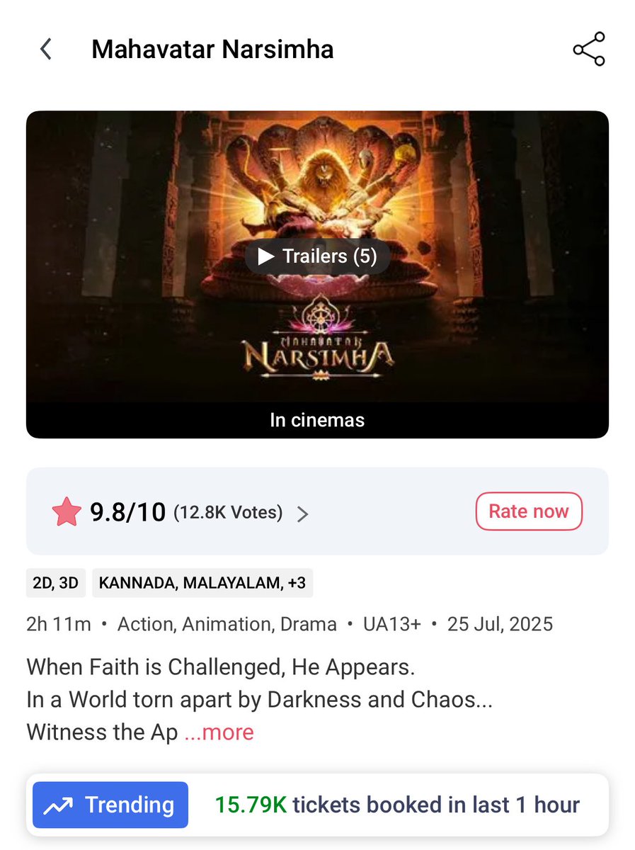 Chanduckhk's tweet image. Tickets for ‘Mahavatar Narsimha’ are selling out fast across Bengaluru!
But why so few screens for Kannada shows? 😢😩
This masterpiece deserves more screens and better showtimes.
#MoreScreensForKannada 🎥🙏
@hombalefilms @ChaluveG @VKiragandur @MahavatarTales