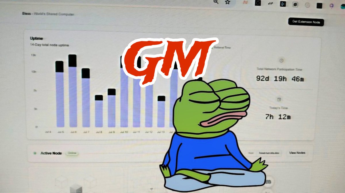GM X ☀️

My <a href="/theblessnetwork/">Bless</a> node runs on its own while I am busy watching crypto charts. Here's my Bless node setup and I am almost at my 100th day, earning passive rewards through real compute.

I am already part of gBless. Are you running your node for $BLESS yet? 👀