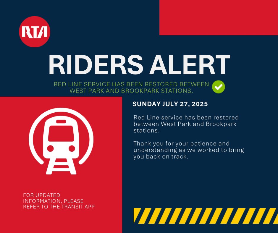 GCRTA's tweet image. β
Service Restored!
Red Line service between West Park and Brookpark stations is now back to normal. Thank you for your patience during the disruption! π