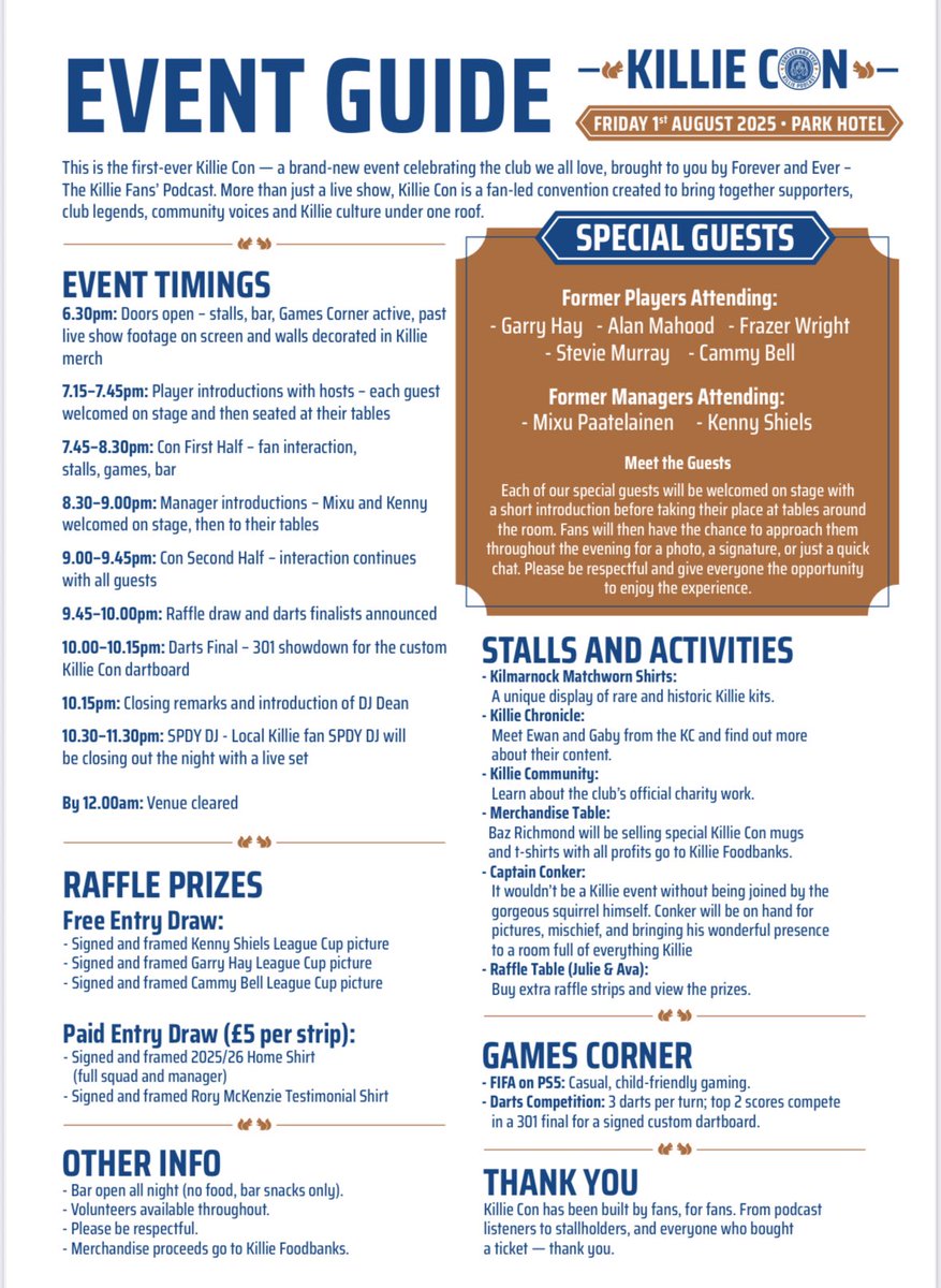 🚨 Killie Con - Key Info for Friday🚨

🎟 Show QR code at door
🕡 Doors 6.30pm | First guest 7.15pm
🍻 Bars open incl. pop-up pint bar
🛍 Merch &amp; raffle (cash only)
📍 Standing event, but seating available if needed
💙 Killie colours encouraged!

Full info below 👇