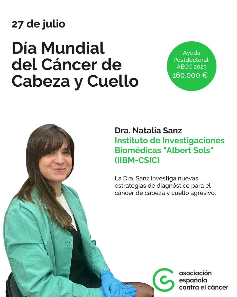 ContraCancerGRA's tweet image. Hoy, 27 de julio, #DíaMundialCáncerCabezayCuello, destacamos el proyecto de la Dra. Natalia Sanz @IIBmCSICUAM para avanzar en el diagnóstico y vías de tratamiento del cáncer de cabeza y cuello, el sexto más frecuente.
👇 contraelcancer.es/es/investigaci…
#InvestigandoenCáncer