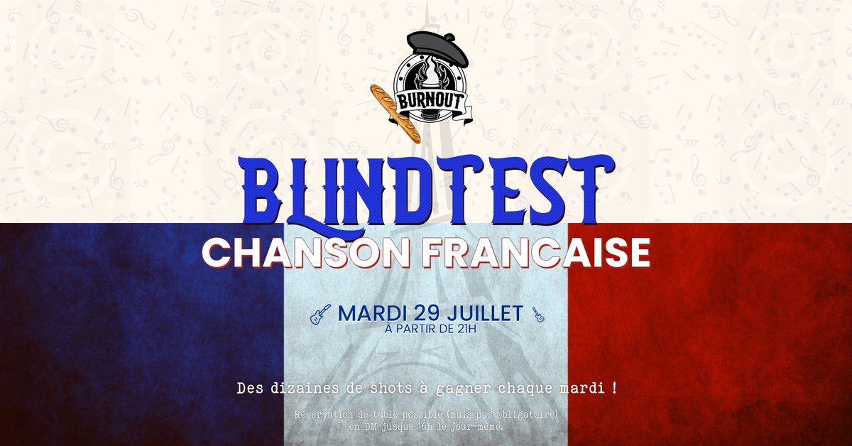 Burnout Bar (@leburnoutbar) on Twitter photo 🎺 Apéro, chanson française et shots à gagner : rendez-vous ce soir pour le blindtest qui débutera à 21h ! 🎺 Apéro, chanson française et shots à gagner : rendez-vous ce soir pour le blindtest qui débutera à 21h !