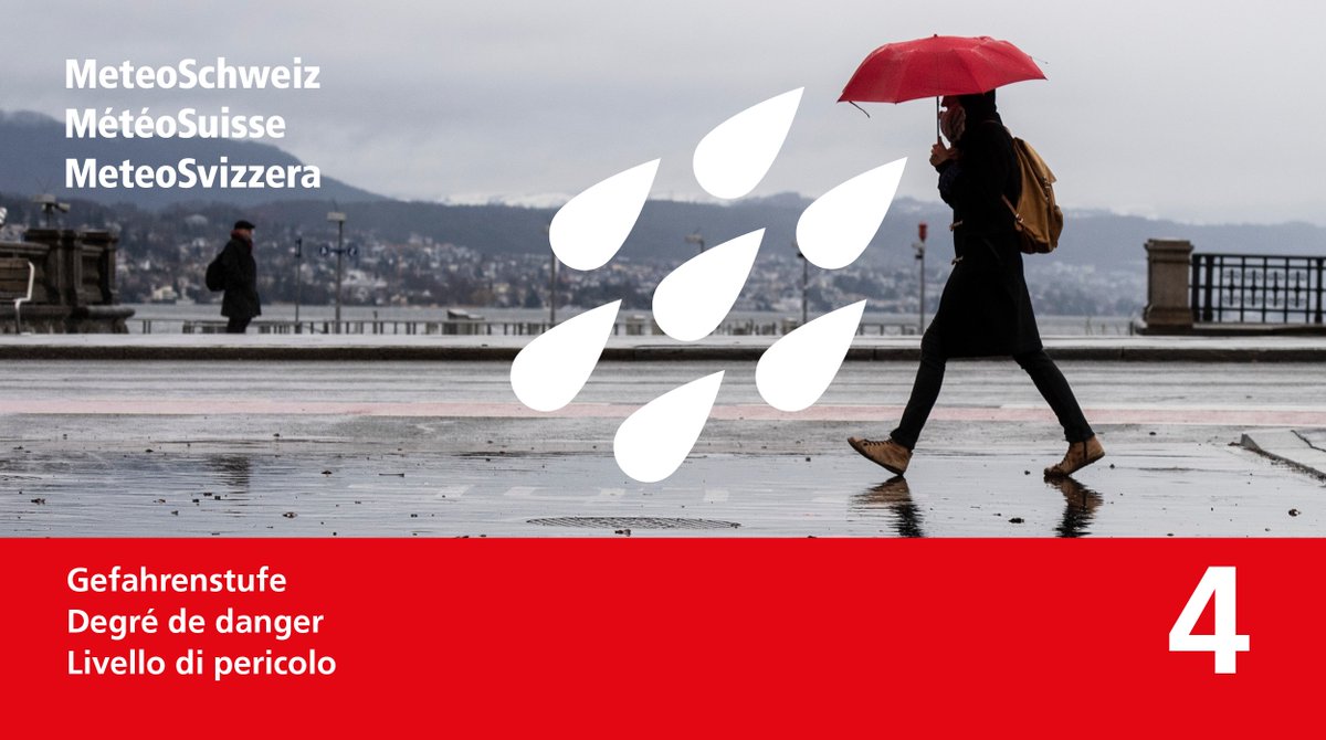 Allerta della Confederazione per forti piogge in alcune regioni del pendio nordalpino. Livello 4 (su 5). Ulteriori informazioni e raccomandazioni di comportamento su meteosvizzera.ch e su pericoli-naturali.ch oppure sull’App di MeteoSvizzera. #MeteoSvizzera