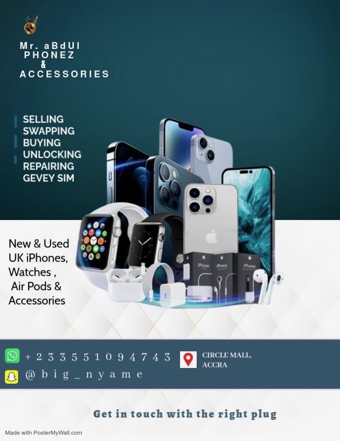 samdarrko's tweet image. 📱 Mr. aBdUI PHONEZ & ACCESSORIES
🔹 Selling | Swapping | Buying
🔹 Unlocking | Repairing | Gevey SIM
Get UK-used & brand new iPhones, Watches, AirPods & Accessories — all in one trusted spot.
📍 Circle Mall, Accra
📞 +233 55 109 4743
📲 big_nyame on Snapchat
DM @gyaigyiimi