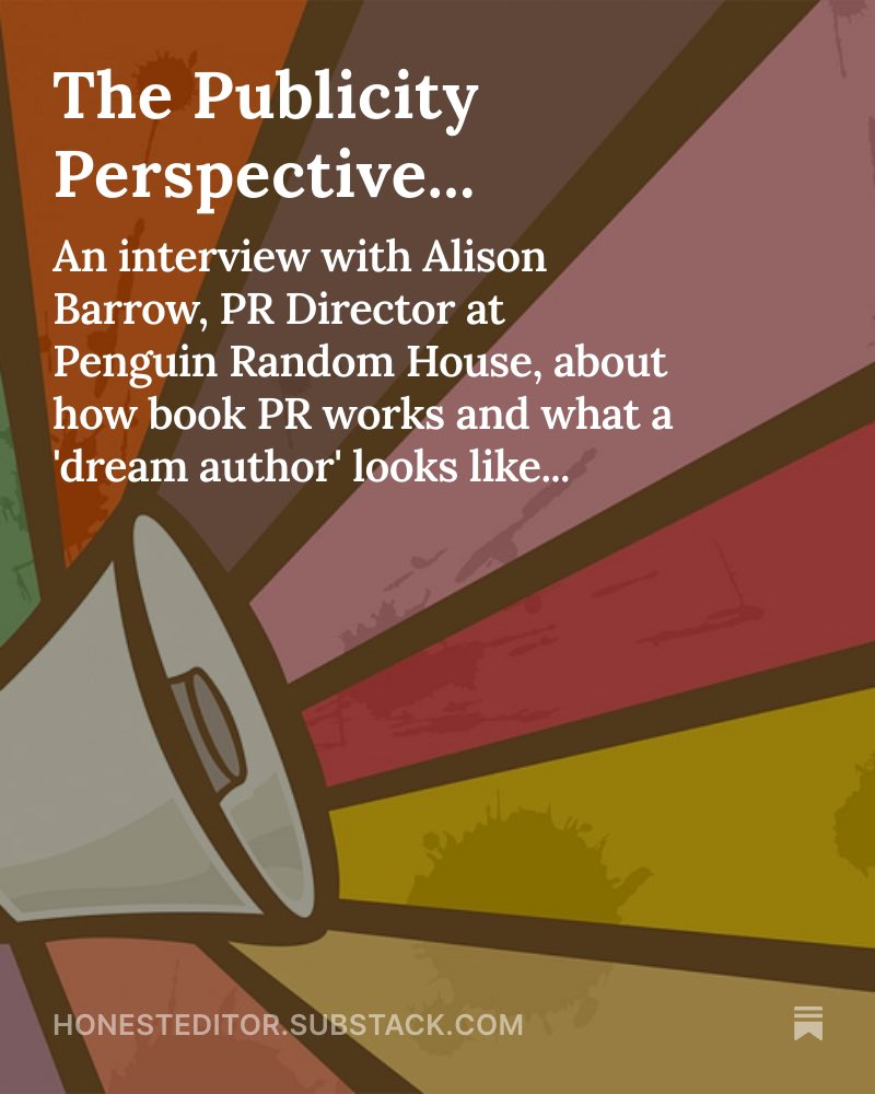 Phoebe_A_Morgan's tweet image. Today I interviewed @alisonbarrow for The Honest Editor. She gave amazing insights into life as a PR Director at @TransworldBooks and you can read for free here: honesteditor.substack.com