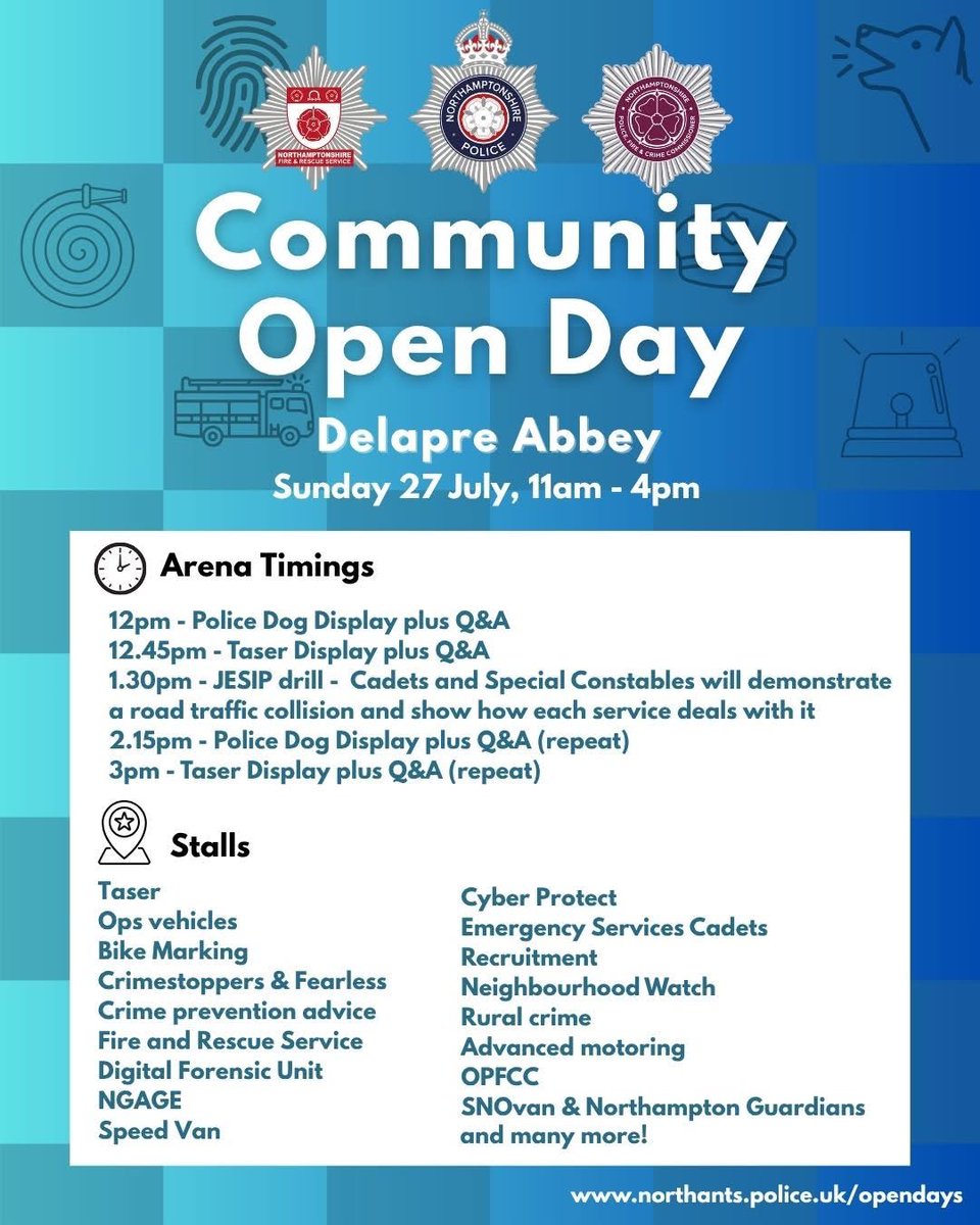 Come and join us today at Delapre Abbey for our Community Open Day! There will be lots of stalls and demonstrations in the arena including PDs Pyper, Bryn and Peggy and the chance to meet PDs Socks and Bonnie!