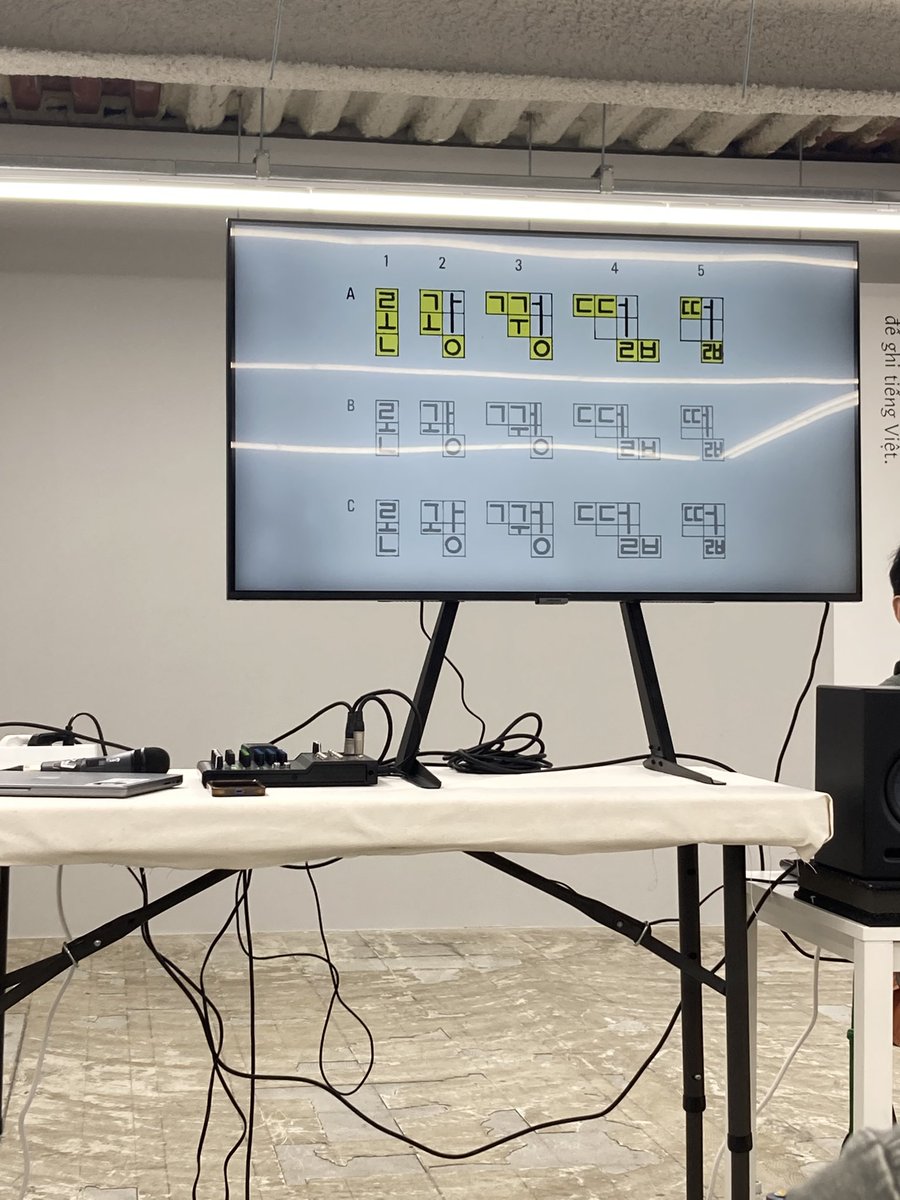 soojonamu's tweet image. 토크 듣고 책에 싸인도 받다....
탈네모꼴 어려운데 재밌잖아.. 타자기의 영향으로 기계화와 경제성을 고려했다고