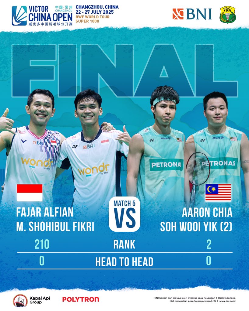 INABadminton's tweet image. Satu langkah lagi menuju podium tertinggi bagi Fajar/Fikri di China Open 2025.

Final melawan Aaron/Soh, sesaat lagi!

SELAMAT BERJUANG! BISA! 💪

#BadmintonIndonesia #ChinaOpen2025