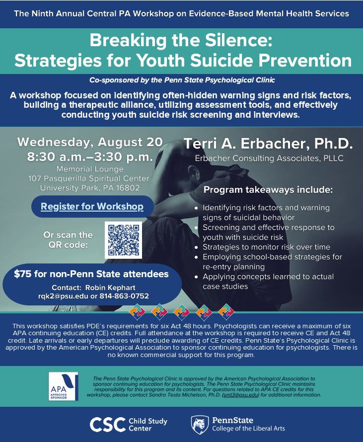 PSUPsychology's tweet image. Registration is open for the 9th Annual Central PA Workshop on Evidence-Based Mental Health Services hosted by the Penn State Child Study Center and Psychological Clinic. Wed, Augt 20th; 8:30am – 3:30pm. Registration is required no later than August 11; csc.la.psu.edu/training-insti…