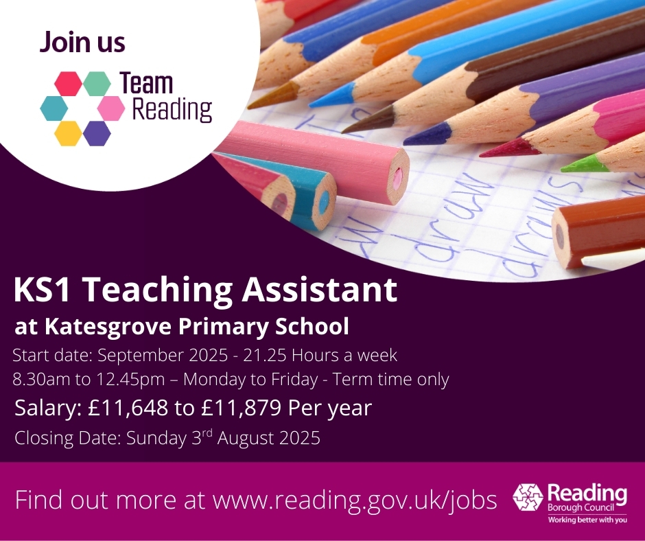 ReadingCouncil's tweet image. ♥️ Are you passionate about supporting young learners in their early education journey? Katesgrove Primary School is looking for a dedicated and enthusiastic Key Stage 1 Teaching Assistant to join our friendly and inclusive team.

💻 To apply: rdguk.info/KAhAd