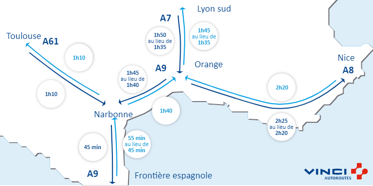VINCIAutoroutes's tweet image. #Infotrafic à 11h00 ⏱️ Vos temps de parcours sur @A7Trafic, @A8Trafic, @A9Trafic et @A61Trafic. Bien vous informer, pour vous permettre de #BienVoyager.