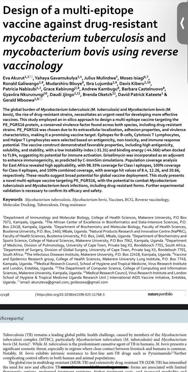 BMudarshiru's tweet image. New article alert led by @EvaAkurut

I join Ms Akurut and a star studied research team in this vaccine development effort using multi-epitope vaccine against the multi-drug resistant TB using noval reverse vaccinology

This work is testament to the capacity of scientists in…