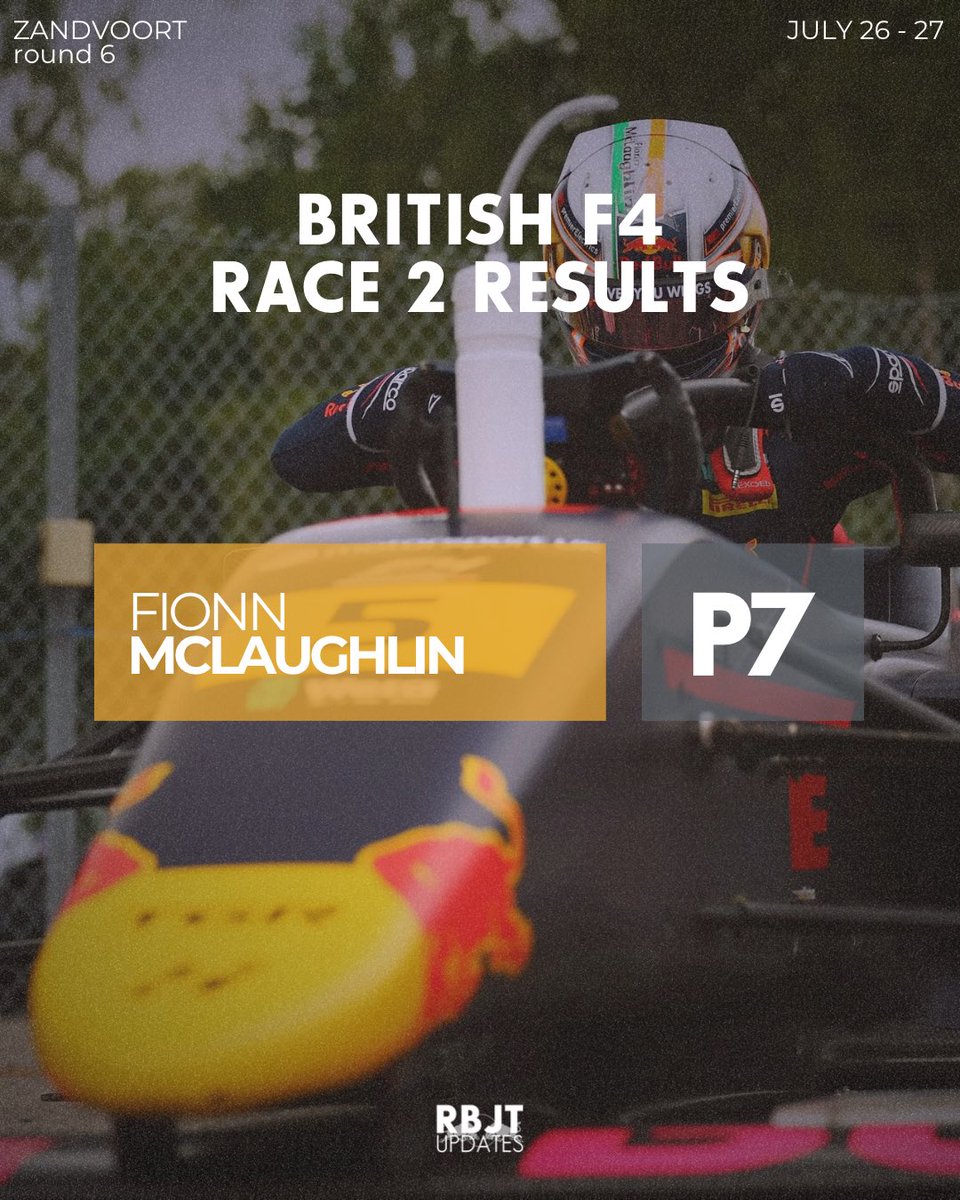 RBJTUpdates's tweet image. Solid finish for McLaughlin in British F4 Race 2 at Zandvoort, he crosses the line in P7! 🇬🇧
#BritishF4 #RBJT