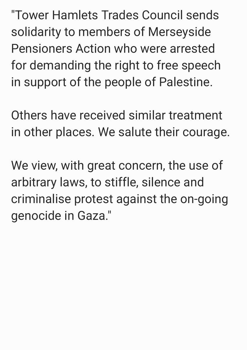 Tower Hamlets Trades Council (@towerhamletstc) on Twitter photo Statement in support of <a href="/MerseyPensioner/">Merseyside Pensioners Association</a> & others defying arbitrary laws on free speech for #Palestine Statement in support of <a href="/MerseyPensioner/">Merseyside Pensioners Association</a> & others defying arbitrary laws on free speech for #Palestine