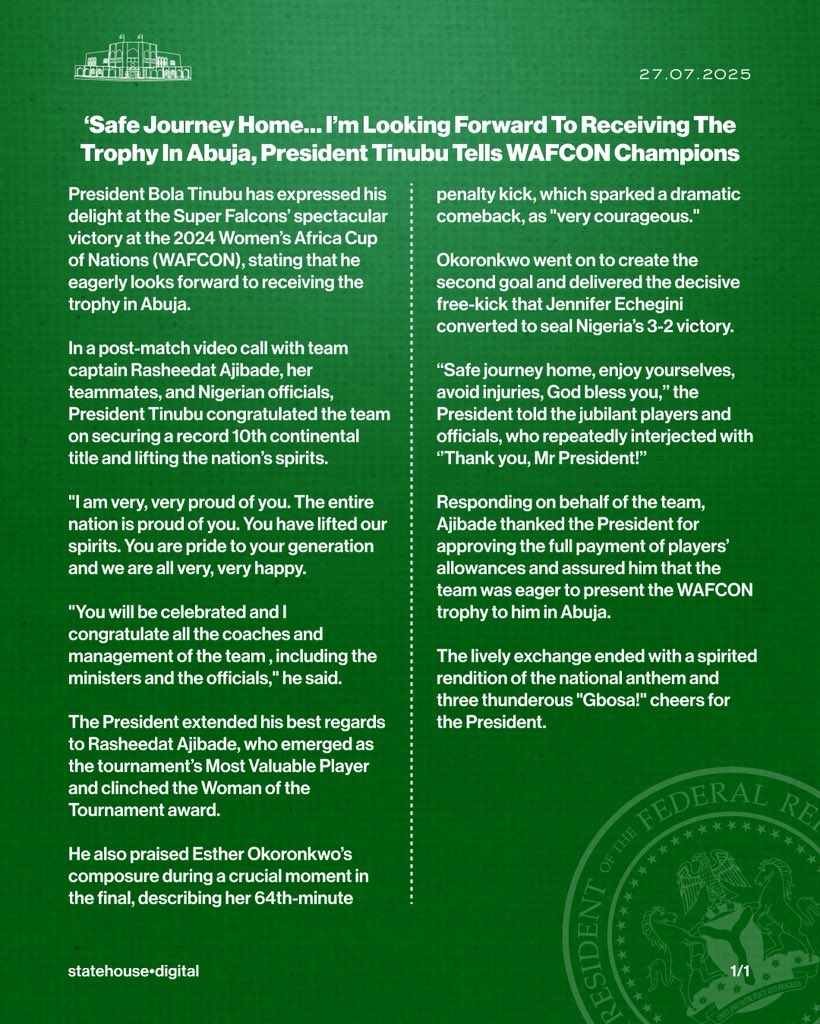 NGRPresident's tweet image. &apos;Safe Journey Home... I&apos;m Looking Forward To Receiving The Trophy In Abuja, President Tinubu Tells WAFCON Champions