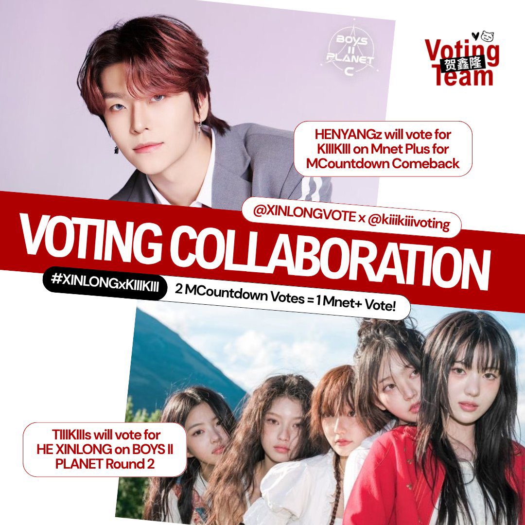 XINLONGVOTE's tweet image. [📢] VOTING COLLABORATION ANNOUNCEMENT

@XINLONGVOTE x @kiiikiiivoting 

TIIIKIIIs will vote for HE XINLONG for Round 2 of BOYS II PLANET, and HENYANGz will return the favour by voting for KIIIKIII on Mnet Plus’ &amp;lt;MCountdown Pre-Vote&amp;gt; poll in August.

**Please wait for further…