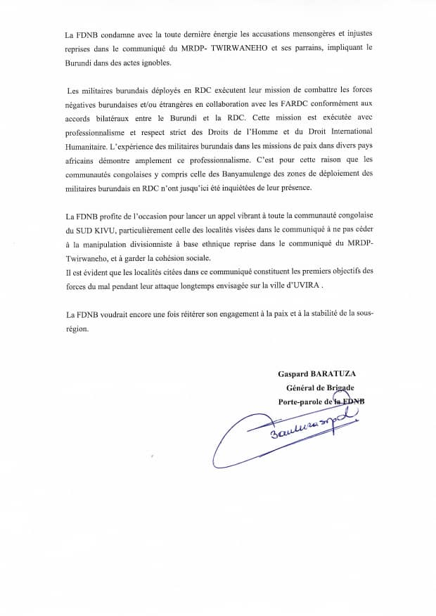 FDNB (@fdnbbi) on Twitter photo La <a href="/FDNB/">Franco Das</a> condamne avec la toute dernière énergie les accusations mensongères et injustes reprises dans le communiqué du MRDP-TWIRWANEHO et ses parrains publié le 25/7/2025 impliquant le Burundi dans des actes ignobles. La <a href="/FDNB/">Franco Das</a> condamne avec la toute dernière énergie les accusations mensongères et injustes reprises dans le communiqué du MRDP-TWIRWANEHO et ses parrains publié le 25/7/2025 impliquant le Burundi dans des actes ignobles.