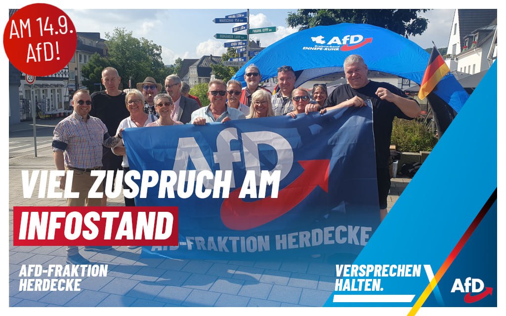 Viel Zuspruch am Infostand - t.me/AfDHerdecke 💙🇩🇪
Der AfD-Kreisverband Ennepe-Ruhr hat am Samstag in Herdecke einen Infostand zur Kommunalwahl  durchgeführt und dabei massiven Zuspruch erfahren.