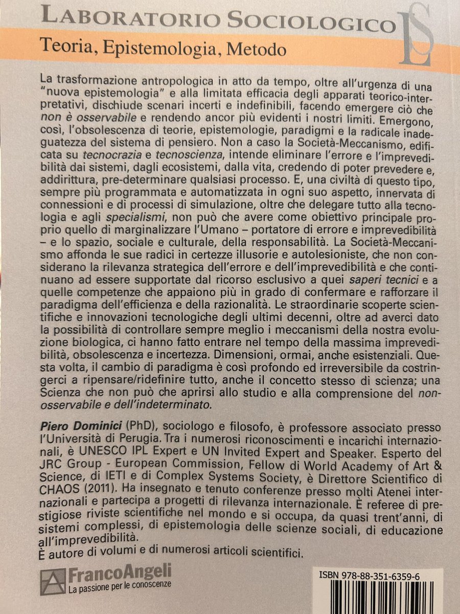 dominicipi's tweet photo. #libri #ricerca #ScienzeSociali #epistemologia  #ScientificSeries #epistemology #CriticalThinking #GenerativeAI #PensieroCritico  #PensieroSistemico #ProprietàEmergenti #EmergentProperties #errore #EpistemologiaErrore #AI #SDGs #EpistemologyofError ** (**since 1995) #Teoria #metodo #Apertura #Indeterminato #indeterminacy #InhabitingHypercomplexity #QuotetheAuthors 

🔥🎓 🇬🇧 This new scientific monograph, like the previous work 'Beyond the Black Swans...' (Springer Nature) which is about to be published (not long now!), has already received important proposals and is being translated into English. In addition, there have been proposals for translation into other languages.  🔥🌐🎓

Studio e ricerca vanno avanti. 

“Proprietà emergenti
Emergent Properties: dimensioni qualitative del Sociale e sfide epistemologiche dell’Intelligenza Artificiale”, FrancoAngeli 2024, Collana Scientifica “LS - Teoria Metodo Epistemologia”.

🌐Trasformazione digitale (antropologica) e Intelligenza Artificiale

📌 Una sfida epistemologica ed educativa che, per la sua radicalità e pervasività, non ha precedenti nell’evoluzione non-lineare dei sistemi sociali e dell’Umanità (Dominici 1995,2003 e sgg.). 

Oggi tutti sembrano partire dai medesimi presupposti, in passato…basterebbe andarsi a rileggere articoli e pubblicazioni, scientifiche e divulgative (chiaramente, sia italiane che internazionali). “Verba volant…”.

"Torniamo, ancora una volta, all'errore degli errori* e, a tal proposito, non è inutile ribadire, con chiarezza e determinazione, un concetto articolato e fondamentale: non tutta la realtà fenomenica è spiegabile dal pensiero "causale" e lineare, non tutto è osservabile ("proprietà emergenti") e, di conseguenza, misurabile e prevedibile; pertanto, non tutto è descrivibile / rappresentabile dai linguaggi scientifici della certezza (produttori di riduzionismo e determinismo); non tutto (anzi!) è spiegabile da leggi scientifiche, semplici e universali, iscritte/presenti già nella Natura e nel mondo fenomenico; non tutto è semplificabile e/o riducibile magari sulla base di formule matematiche e algoritmie, soprattutto, non tutto è gestibile (anzi!), anche se le tecnologie delle connessione e la disponibilità infinita ed inesauribile di dati, ci stanno restituendo, in questa prospettiva, certezze e sicurezze estremamente rischiose, talvolta illusorie, anche relativamente all'atavica aspirazione/ambizione di controllare, esercitare un dominio sulla Natura stessa. 

E lo abbiamo potuto verificare anche nel corso della recente emergenza globale e sistemica, in cui "tutto" è scaturito da un virus che, supportato/agevolato dalla disorganizzazione organizzata e scientifica degli Stati Nazione, ha messo in crisi l'intero sistema mondo iper-connesso e tecnologicamente iper-controllato/sorvegliato.

Al contrario, nell’illusione e nella prospettiva ingannevole di poter semplificare e facilitare tutto, di eliminare l’errore e l’imprevedibilità dalle nostre vite e dalle nostre esistenze, di poter gestire e indirizzare, perfino misurare la complessità/ipercomplessità, continuiamo a navigare intorno alla definizione di “soluzioni semplici a problemi complessi*", poco consapevoli, peraltro, di quanto la linea di confine tra cittadinanza e sudditanza sia estremamente sottile; una linea di confine che si è ancor di più assottigliata nella civiltà ipertecnologica e iperconnessa - fondata, lo ricordo, su logiche stringenti di controllo e sorveglianza, che ridimensionano sempre più gli spazi sociali dell’autonomia e della libertà/responsabilità” (citazione)

CONTINUA 
🌐🎓➡️https://t.co/uByWaPnRRB

An approach and research since 1995 @edgarmorinparis @amontuori @_WAAS_ @daniInnerarity @EU_ScienceHub @La_Lettura @mauromagatti @IML_UCM @ucc_complutense @research_chaos @paolobenanti @jesusflores @_MicroMega_ @24Cultura @CACCIARl @lucadebiase