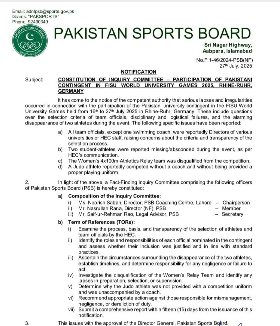 Mirza Iqbal Baig (@mirzaiqbal80) on Twitter photo An inquiry has been initiated by Pakistan Sports Board on the embarrassment caused by the Officials and Athletes in World University games. Will Director Sports HEC take the responsibility of it ? and removed from his post An inquiry has been initiated by Pakistan Sports Board on the embarrassment caused by the Officials and Athletes in World University games. Will Director Sports HEC take the responsibility of it ? and removed from his post