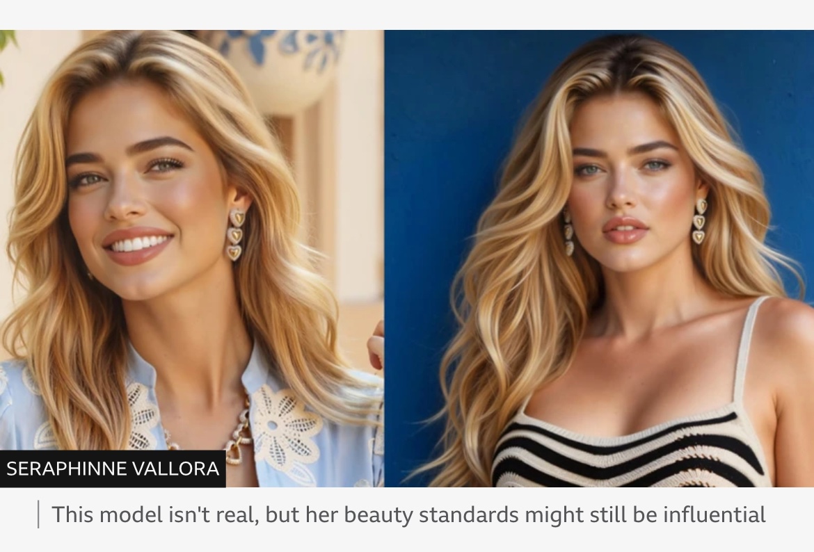 YasminRufo's tweet photo. Does this woman look real to you?

Well she’s actually an AI model who featured in Guess advert in Vogue this month. What does this mean for beauty standards? https://t.co/TXBY6ly49L https://t.co/QxzgwUYZMM