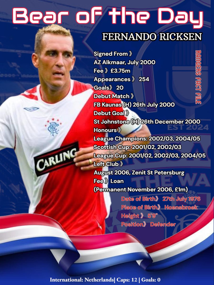 Hands Across The Water (@handsacrosstw) on Twitter photo Itโs very fitting that our Bear of the Day today is none other than the much loved Fernando Ricksen ๐ A fantastic player and Captain.
A true Warrior ๐ซก
Will always be remembered ๐
<a href="/RangersFC/">Rangers Football Club</a> <a href="/FortunaSittard/">Fortuna Sittard</a> <a href="/OnsOranje/">OnsOranje</a> Itโs very fitting that our Bear of the Day today is none other than the much loved Fernando Ricksen ๐ A fantastic player and Captain.
A true Warrior ๐ซก
Will always be remembered ๐
<a href="/RangersFC/">Rangers Football Club</a> <a href="/FortunaSittard/">Fortuna Sittard</a> <a href="/OnsOranje/">OnsOranje</a>