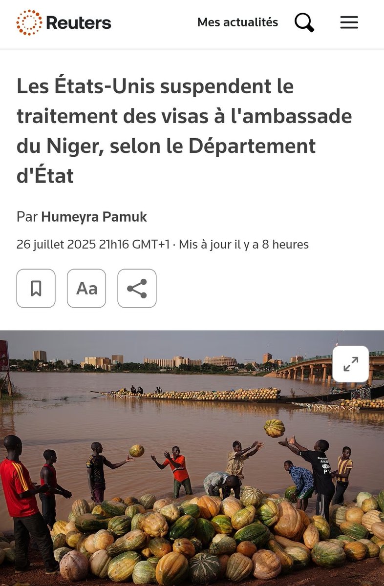 ighazer's tweet image. 🇳🇪🇺🇲 WASHINGTON, 26 juillet (Reuters) - Les Etats-Unis suspendent tous les services de visas de routine à l'ambassade américaine à Niamey, la capitale nigérienne, jusqu'à nouvel ordre, selon un porte-parole du département d'Etat et un câble interne du département d'Etat consulté…
